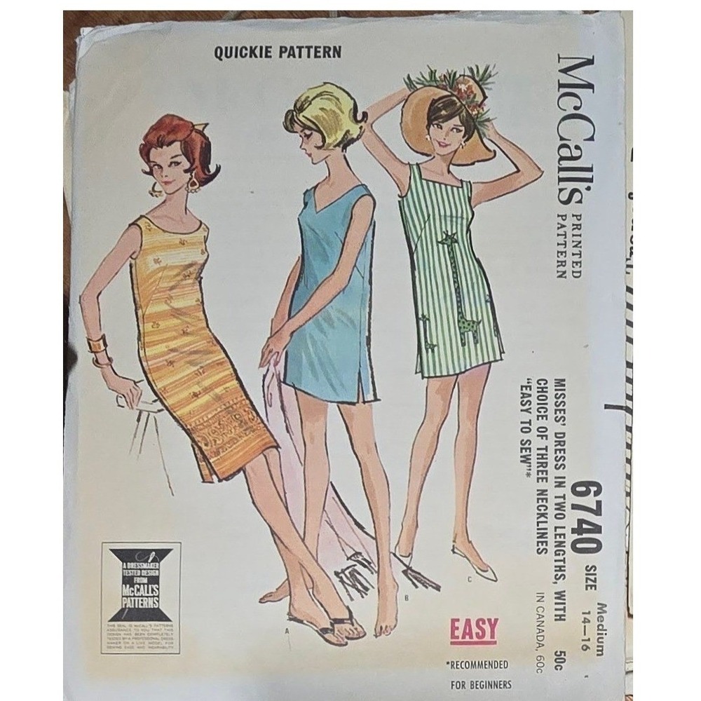 Vintage 1960s Dress Patterns McCalls 6740 Mod Shift A-Line Sz 10-16